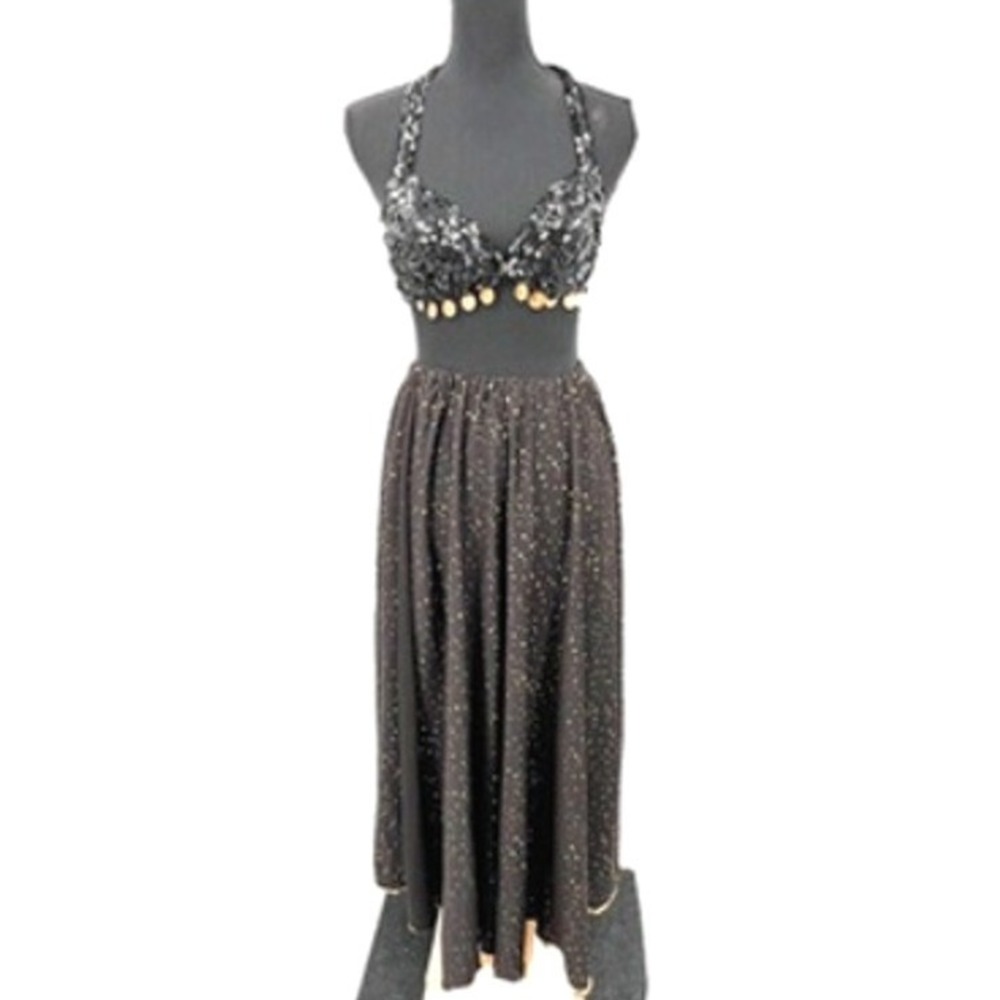 Unbranded Belly Dance Costume Women OS Black Gold‎ Excellent Sequin Coin 3PC Set